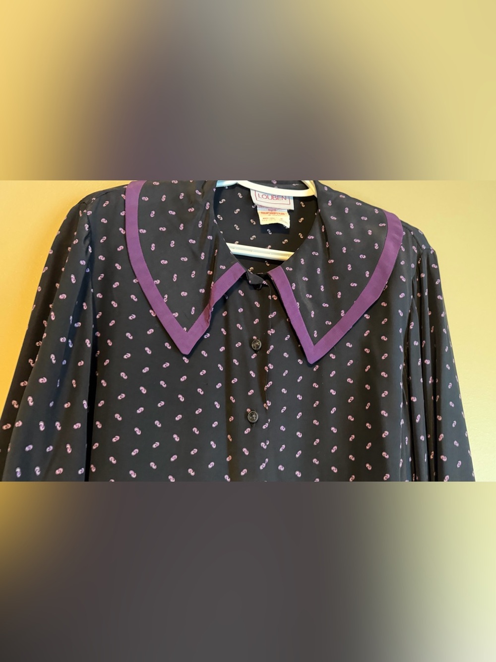 Vintage 80’s Louben Black & Purple Paisley Scroll Print Oversized Collar Blouse - Picture 3 of 10